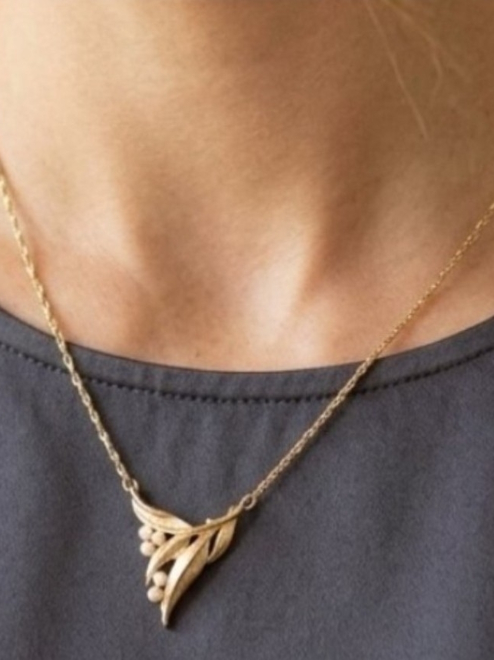 Vintage Crown Trifari Faux Pearl Botanical Sprig Necklace 1955-1969 Mid-Century
